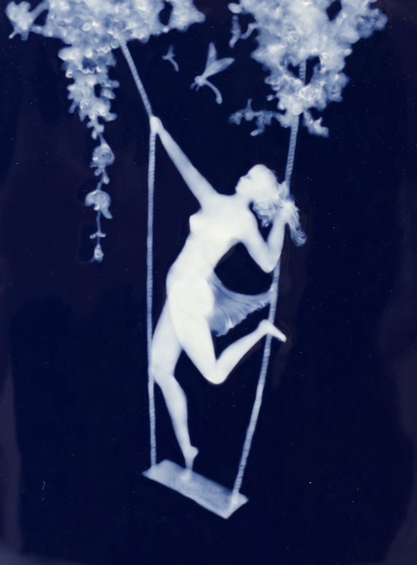 A framed pate sur pate panel signed Chaufriase, Limoges, girl on swing. Width 34cm, Depth 5cm, Height 41cm. (Panel only, Width 18cm, Height 24cm)